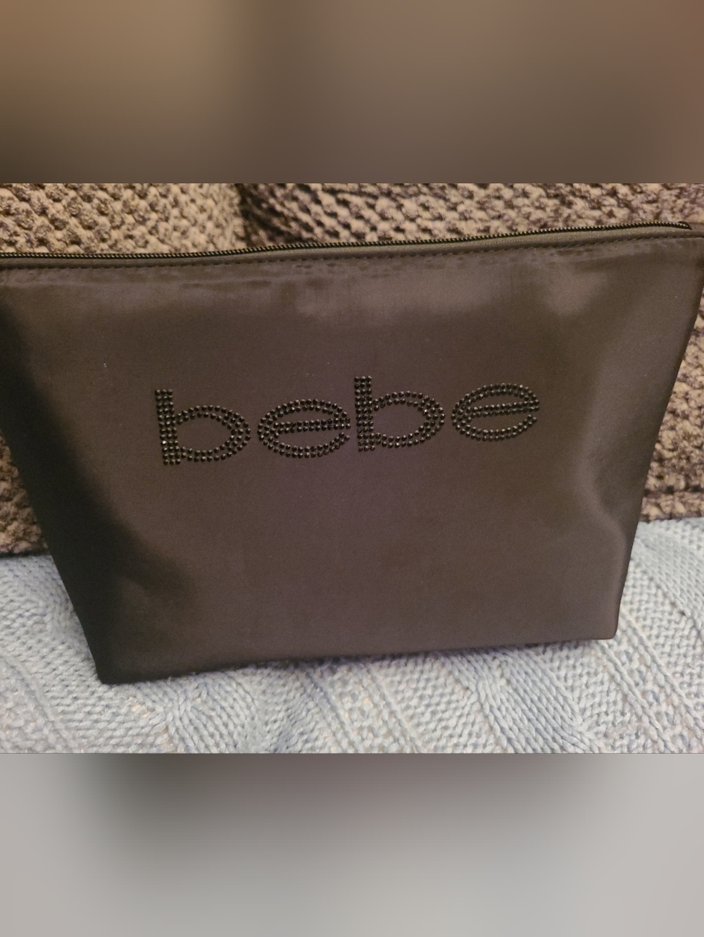 NWT BEBE Black Cosmetic Zip Top Bag With Rhinestone   Embellished Logo